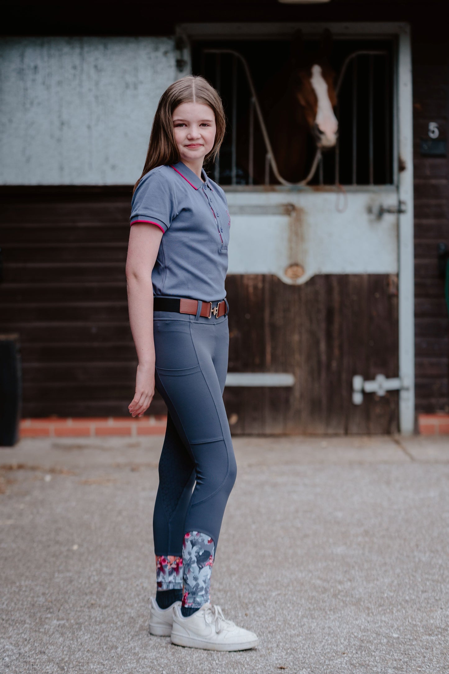 Children's Slate Grey Floral Standard Full Seat Riding Leggings