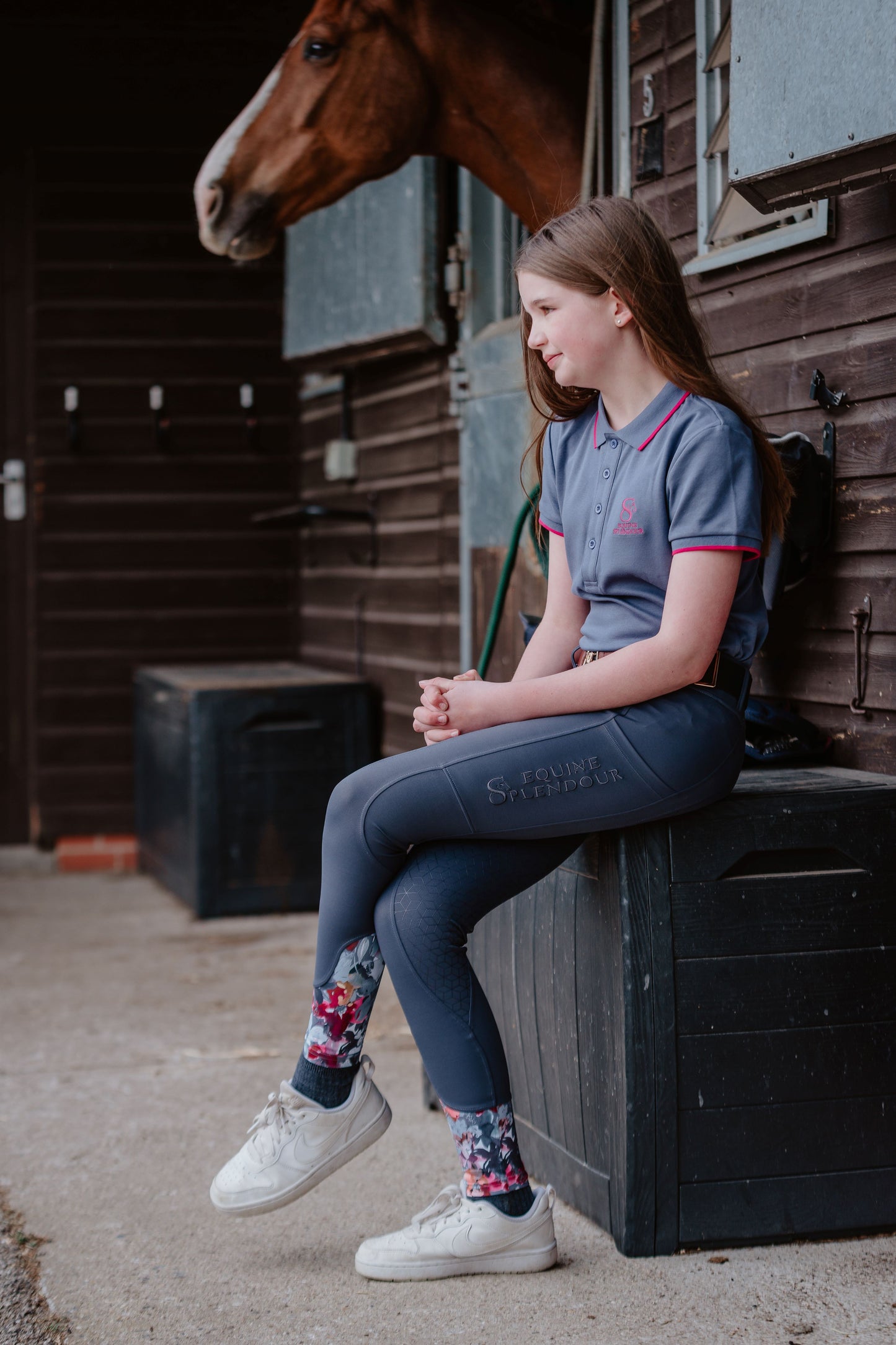 Children's Slate Grey Floral Standard Full Seat Riding Leggings