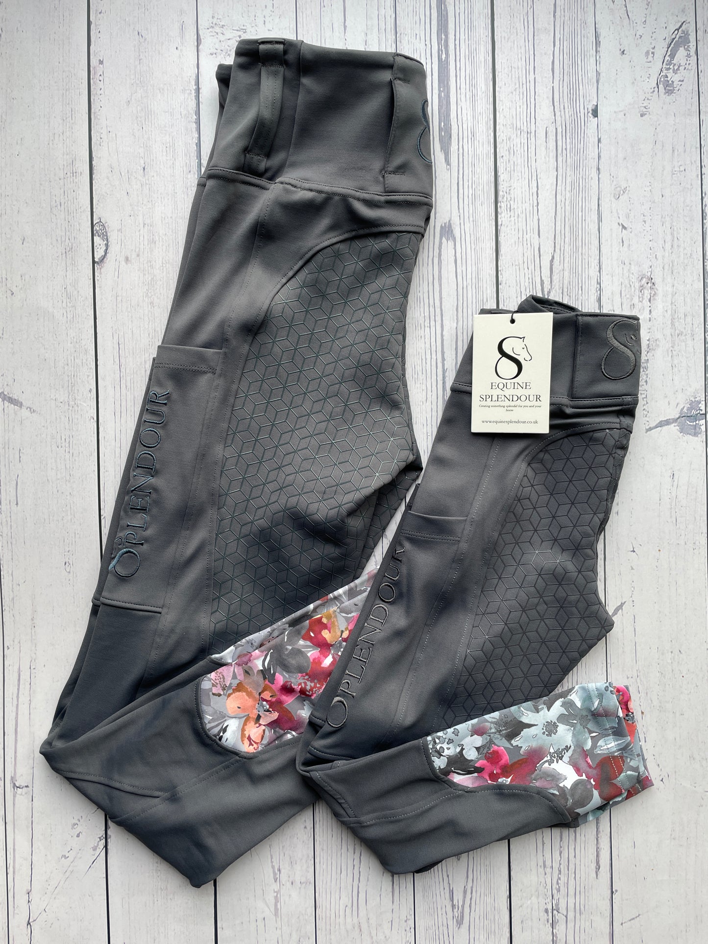 Children's Slate Grey Floral Standard Full Seat Riding Leggings