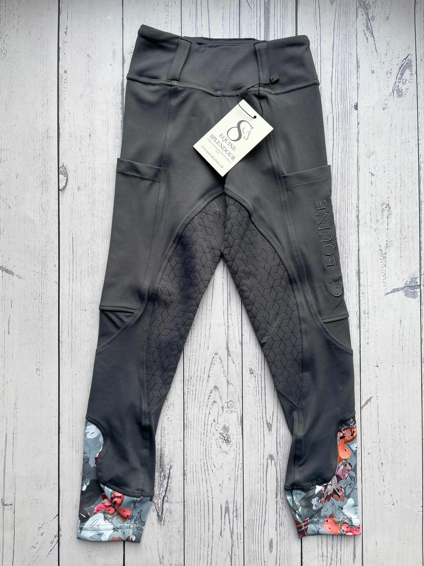 Children's Slate Grey Floral Standard Full Seat Riding Leggings
