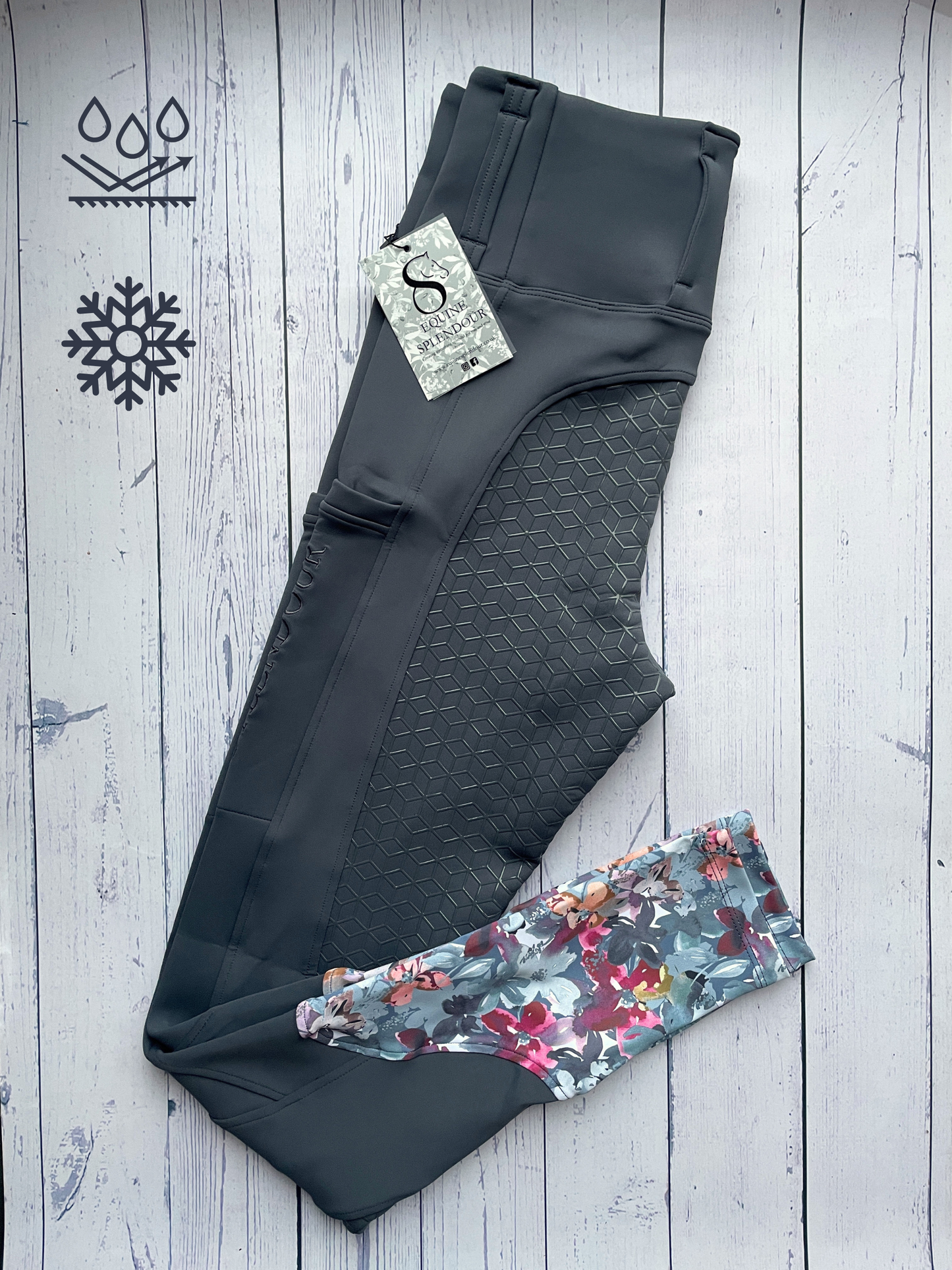 Slate Grey Floral All Season Full Seat Riding Leggings/Tights - Water Resistant