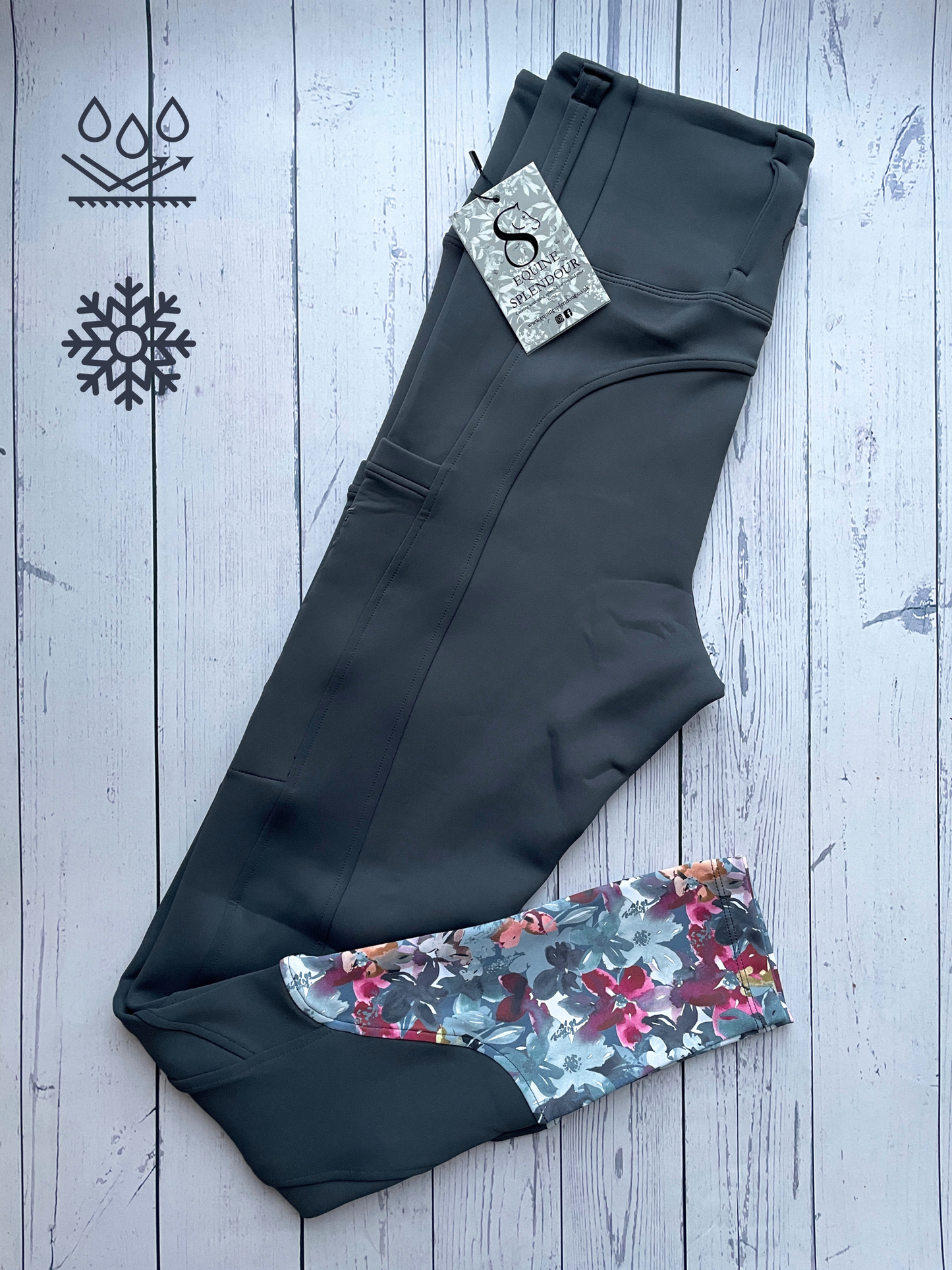 Slate Grey Floral Winter Full Seat Riding Leggings (Non Silicone) - Water Resistant
