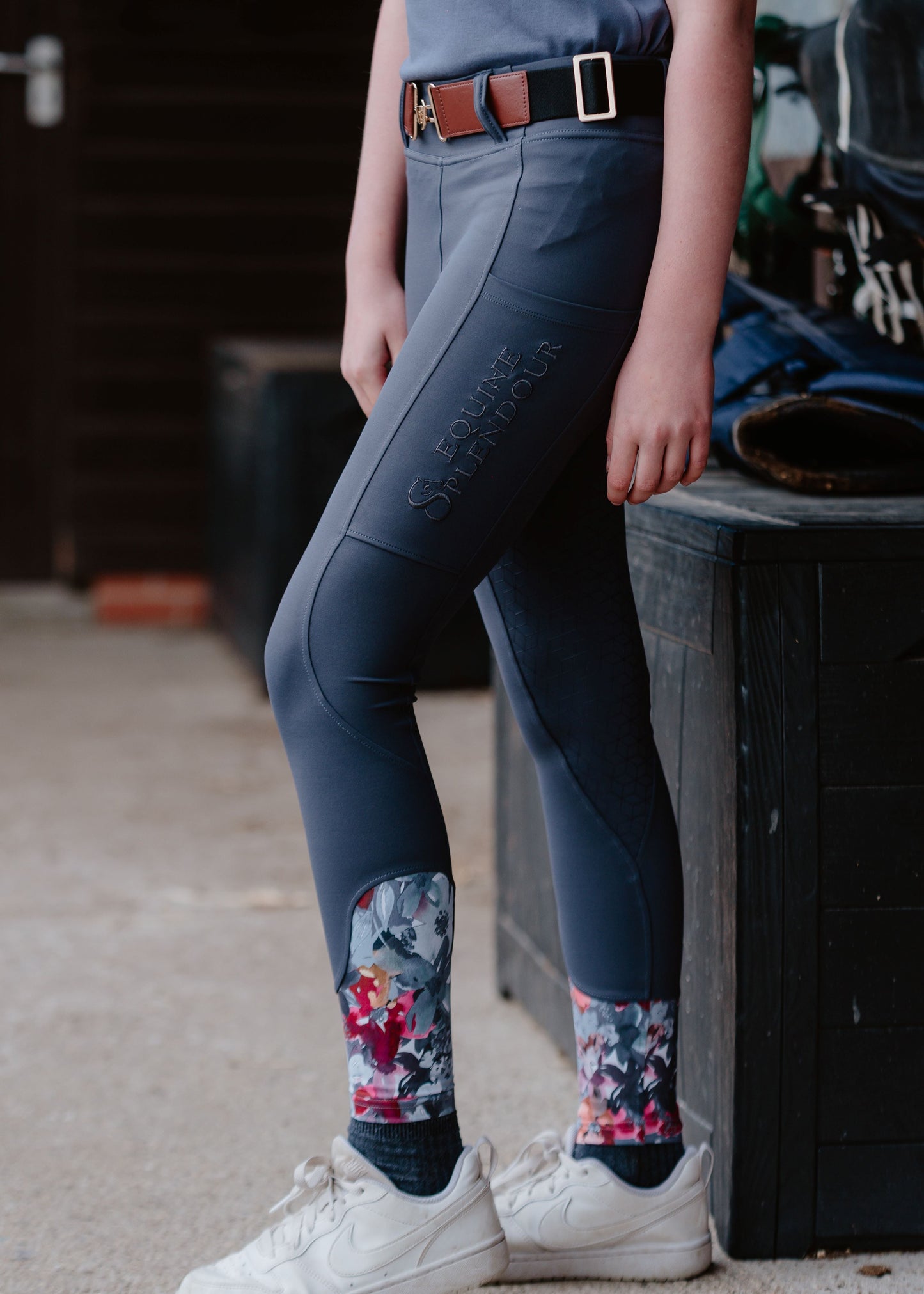 Children's Slate Grey Floral Standard Full Seat Riding Leggings