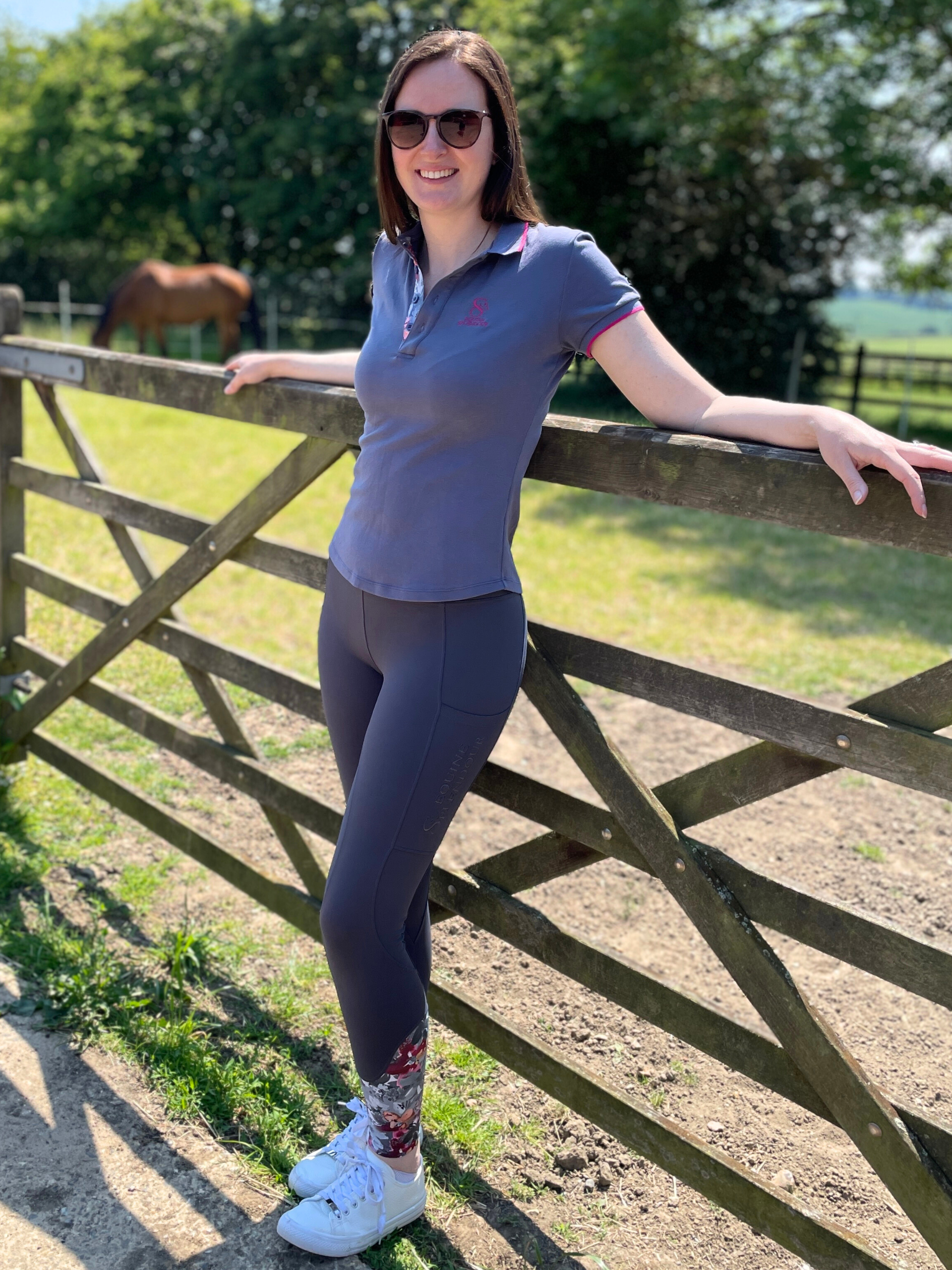 Slate Grey Floral Polo Shirt Equine Splendour