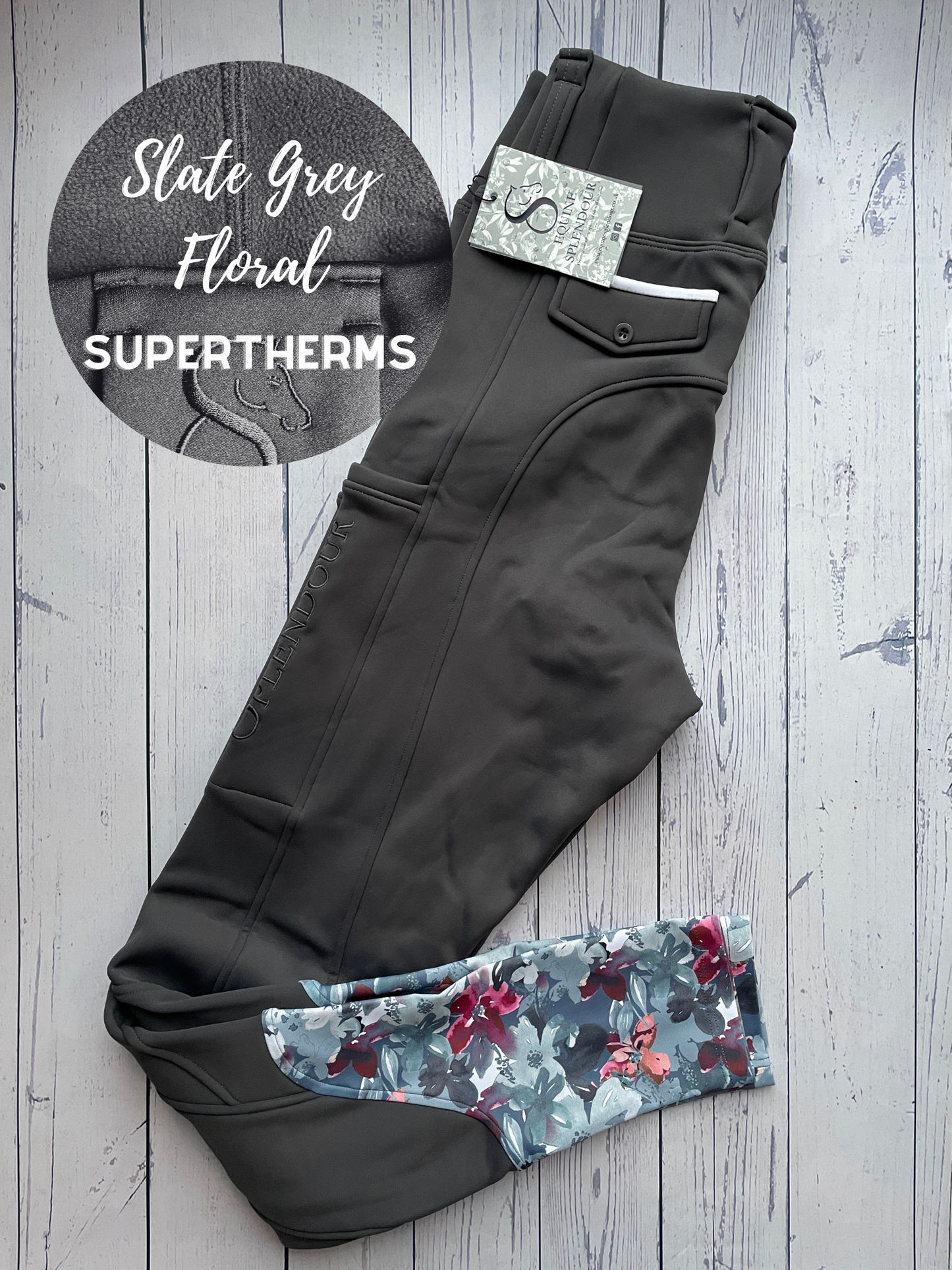 Slate Grey Floral Supertherm Riding Leggings (Non Silicone) - Water Resistant