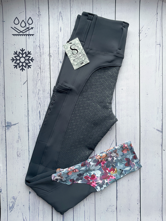 Slate Grey Floral Winter Full Seat Riding Leggings - Water Resistant