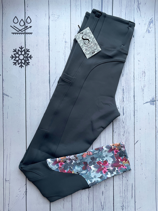 Slate Grey Floral Winter Full Seat Riding Leggings (Non Silicone) - Water Resistant