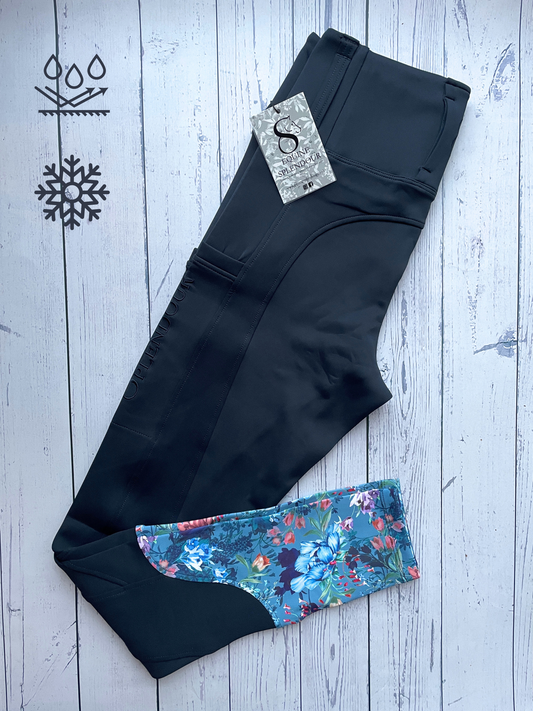 Botanic Navy Winter Riding Leggings (Non Silicone) - Water Resistant